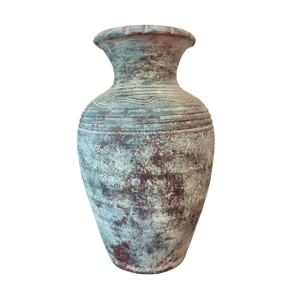 Rustic Mexican Pottery Blue Verdigris Terracotta Vase Etched Wave 9.5in